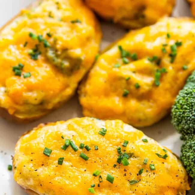 platter with broccoli cheese twice baked potatoes