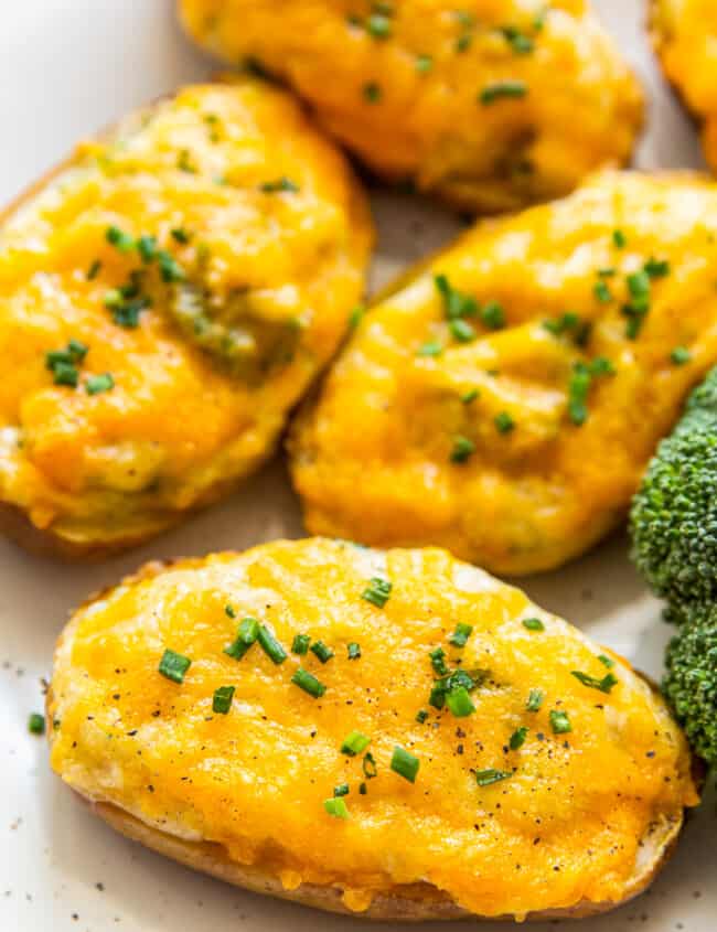 platter with broccoli cheese twice baked potatoes
