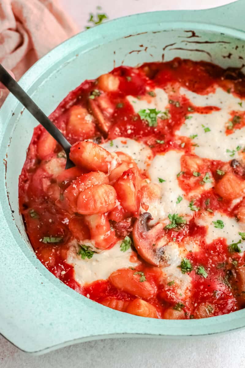 cheesy baked gnocchi in baking dish