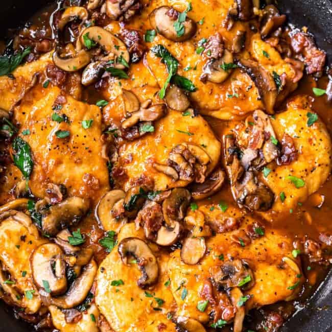 overhead chicken marsala in skillet