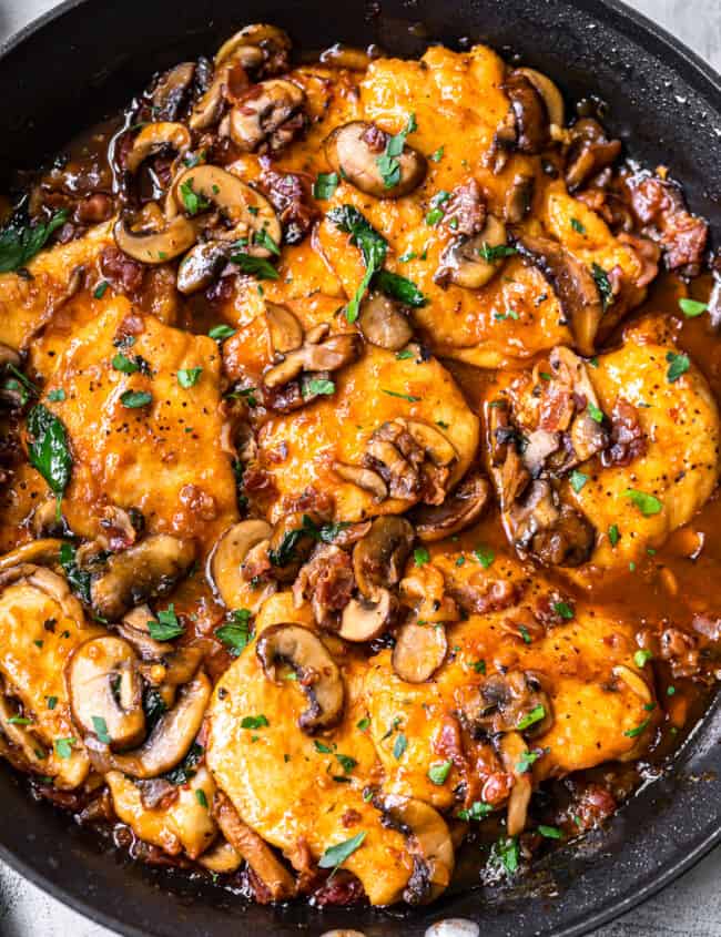 overhead chicken marsala in skillet