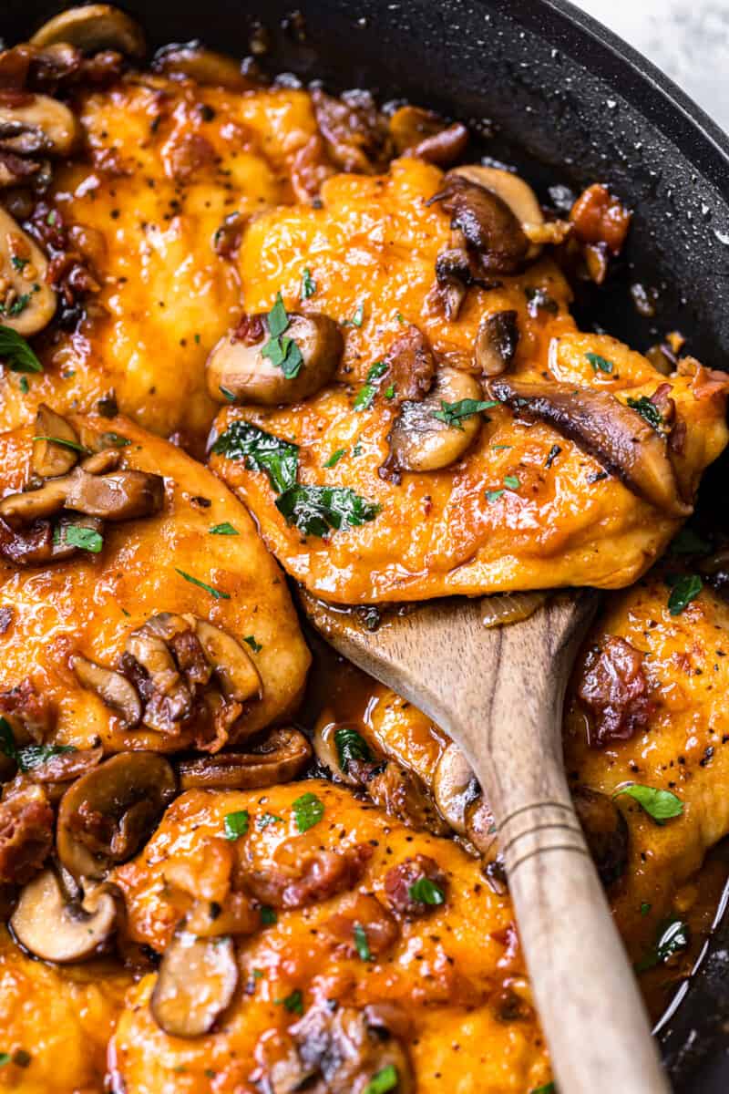 up close chicken marsala with wooden spoon