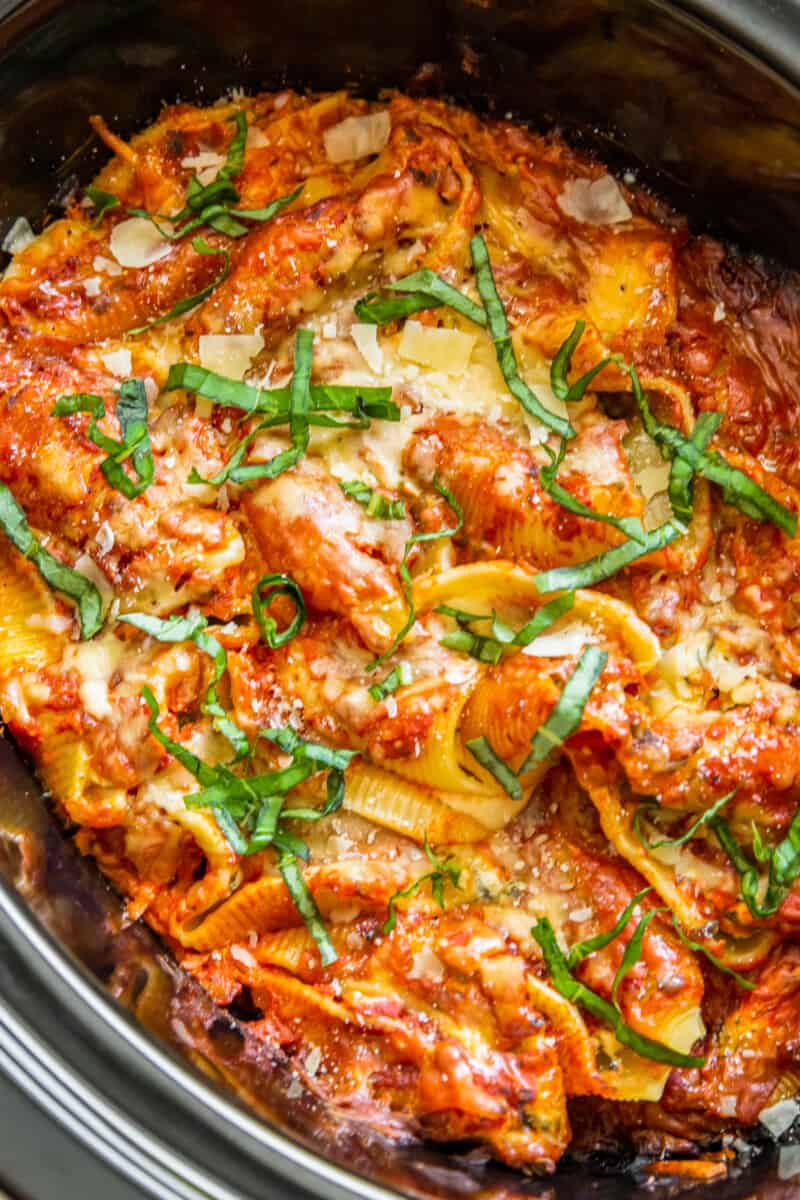 overhead crockpot stuffed shells in slow cooker