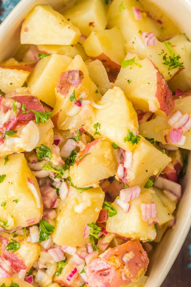up close german potato salad with bacon