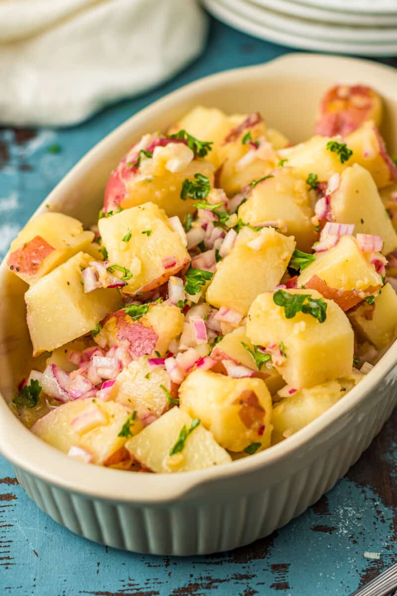 german potato salad with bacon in serving dish