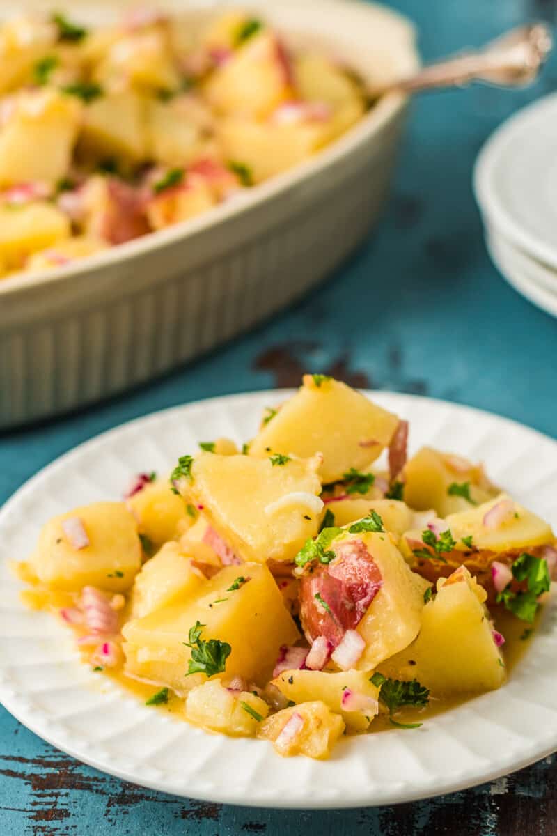 white plate with german potato salad