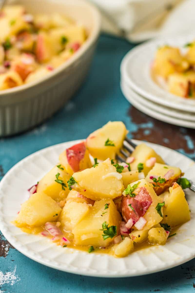 white plate with german potato salad