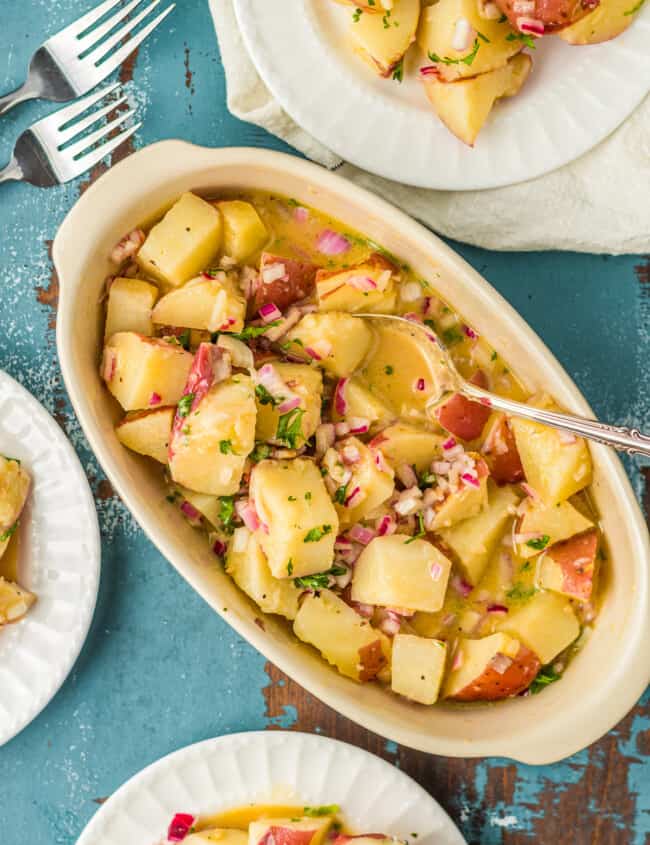 german potato salad with bacon in serving dish