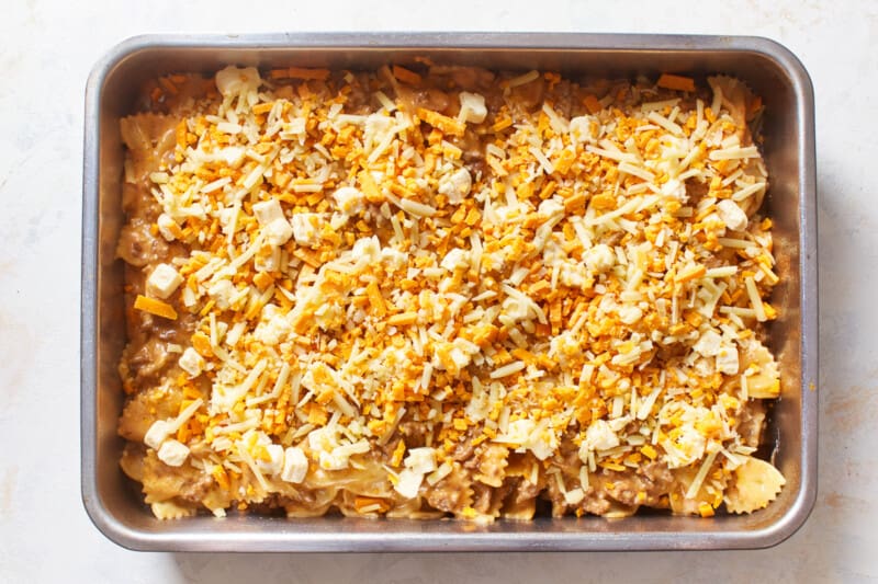 baked sloppy joe casserole in a baking pan.