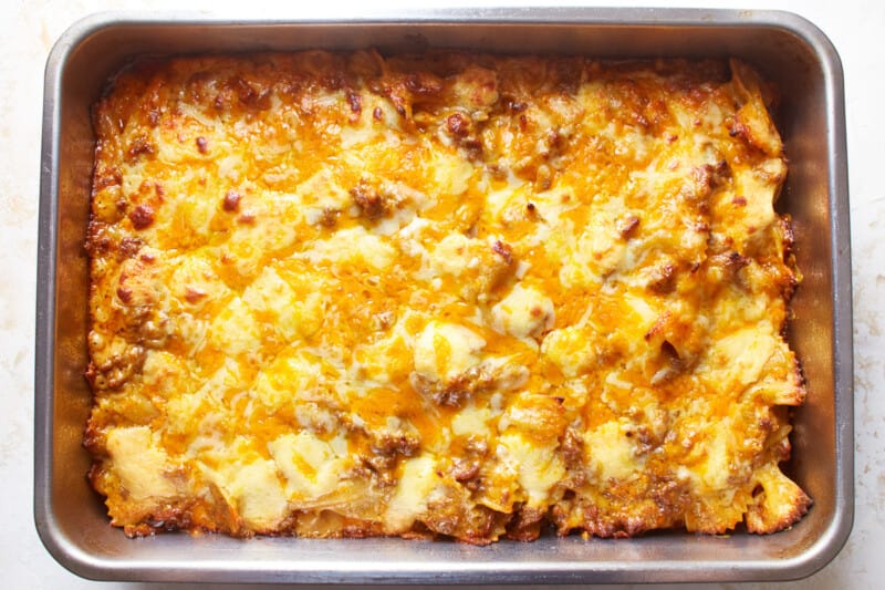 overhead view of baked sloppy joe casserole in a baking pan.