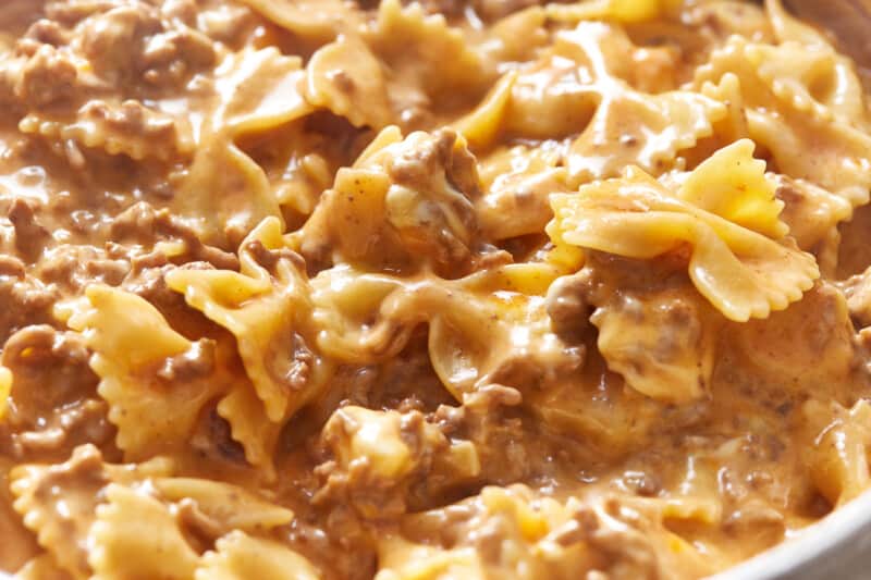 closeup of sloppy joe casserole in a stainless steel pan.