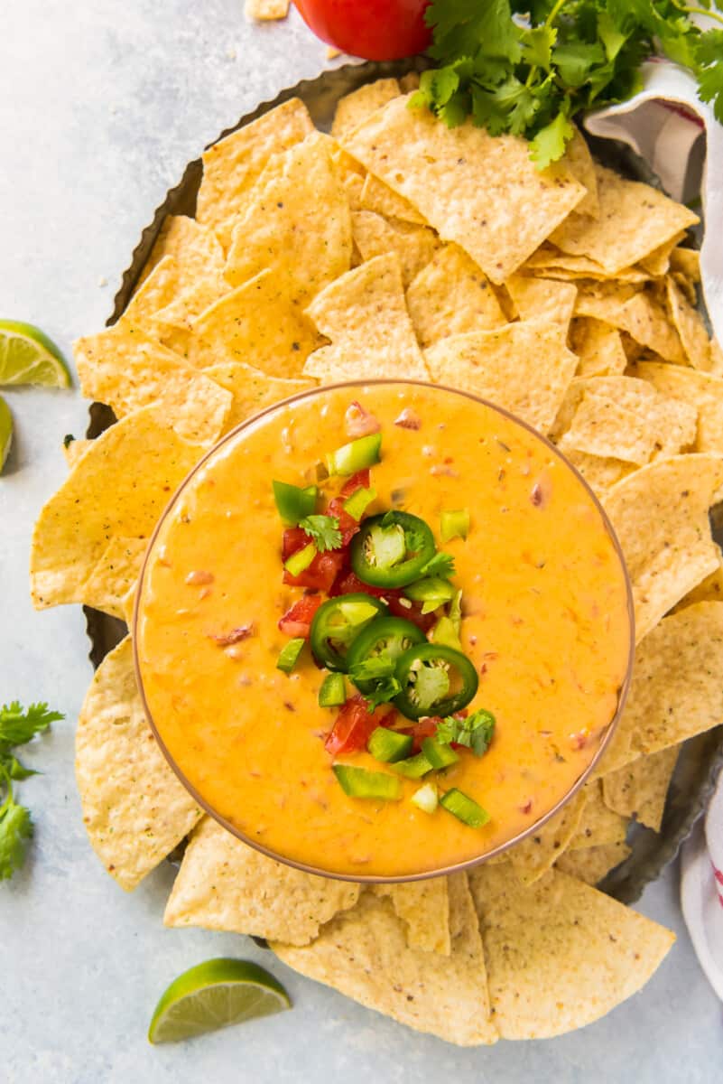 instant pot queso with chips on platter