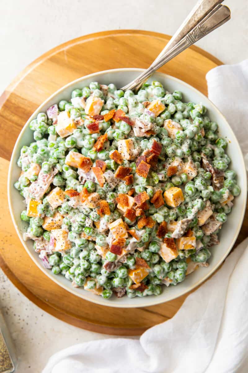 bowl of creamy pea salad with bacon