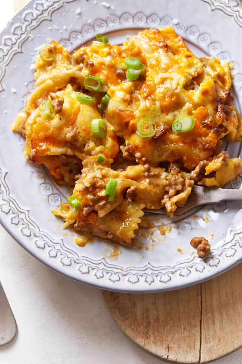 overhead view of sloppy joe casserole on a white plate.