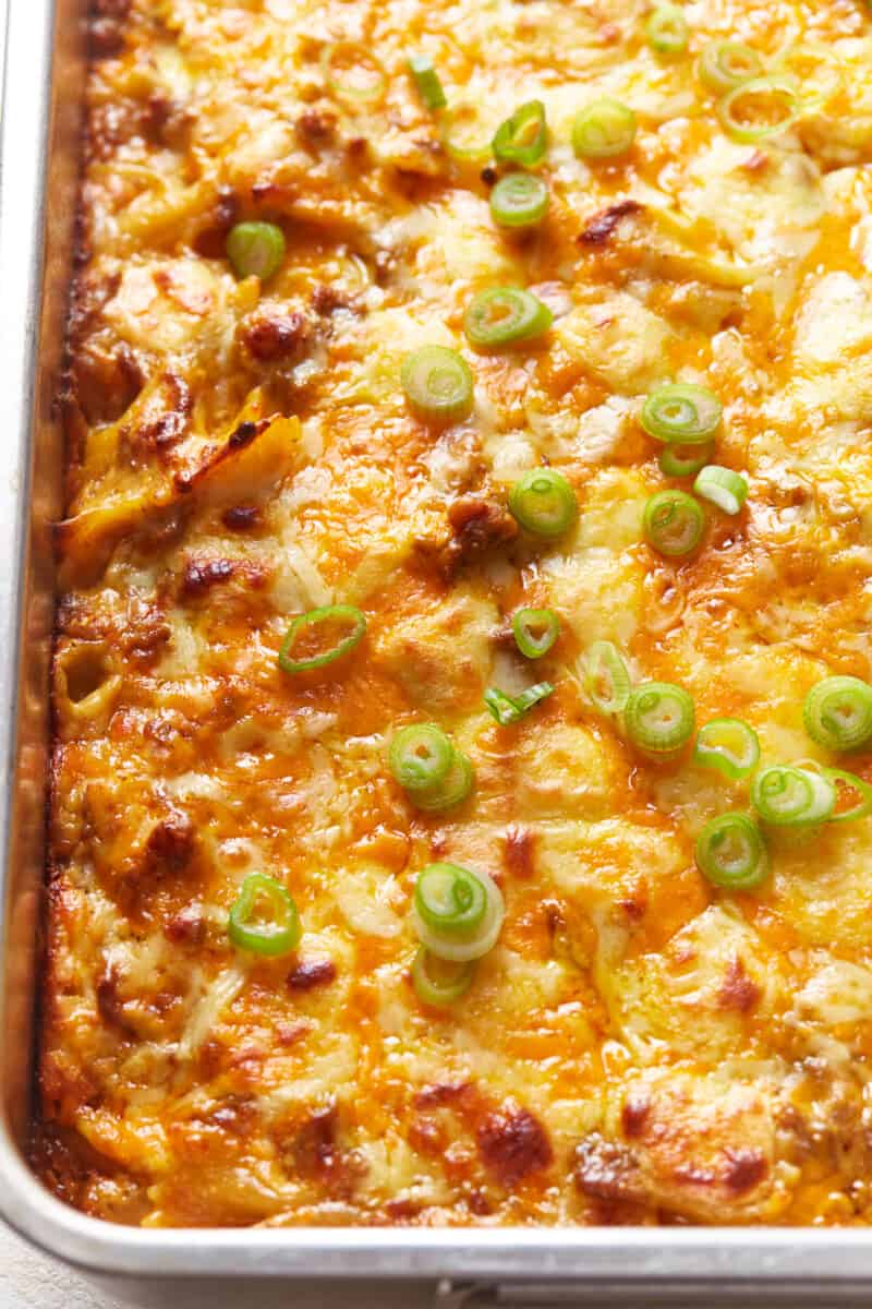 partial view of sloppy joe casserole in a baking pan.