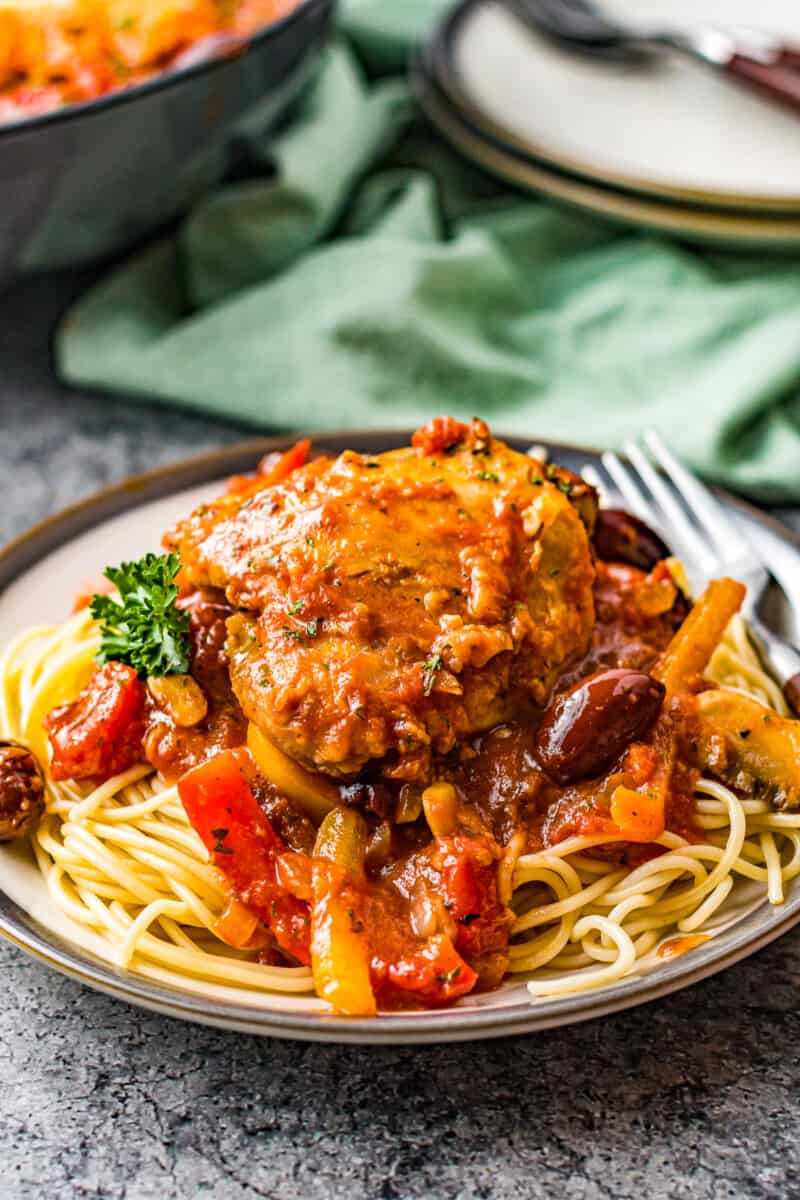 plate with pasta and chicken cacciatore