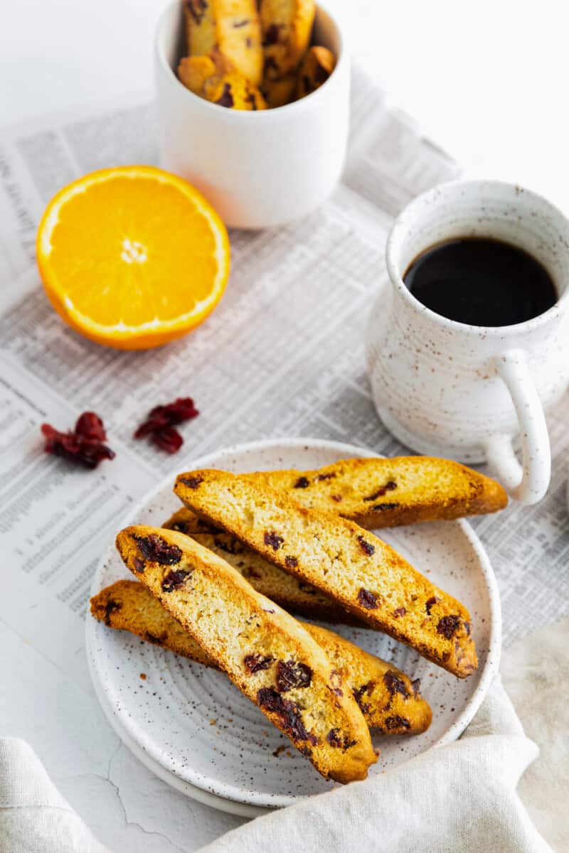 cranberry orange biscotti on gray plate