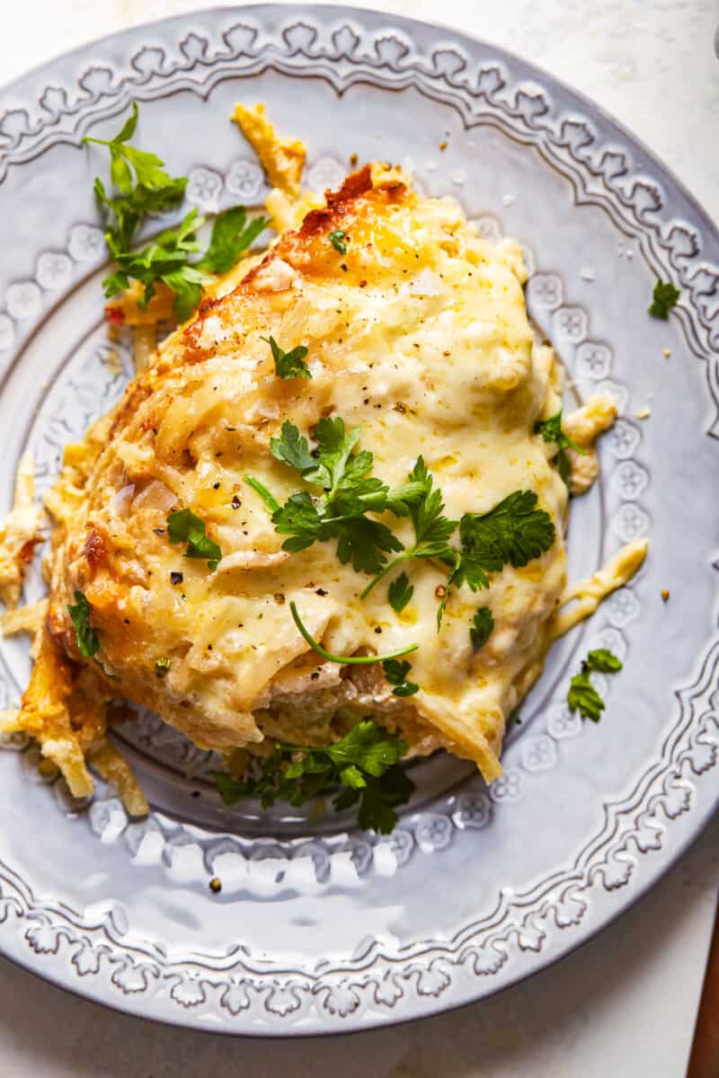 plate of cheesy potato casserole