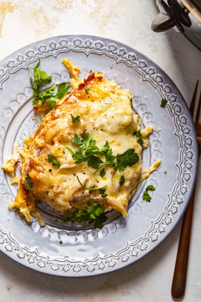 plate of cheesy potato casserole