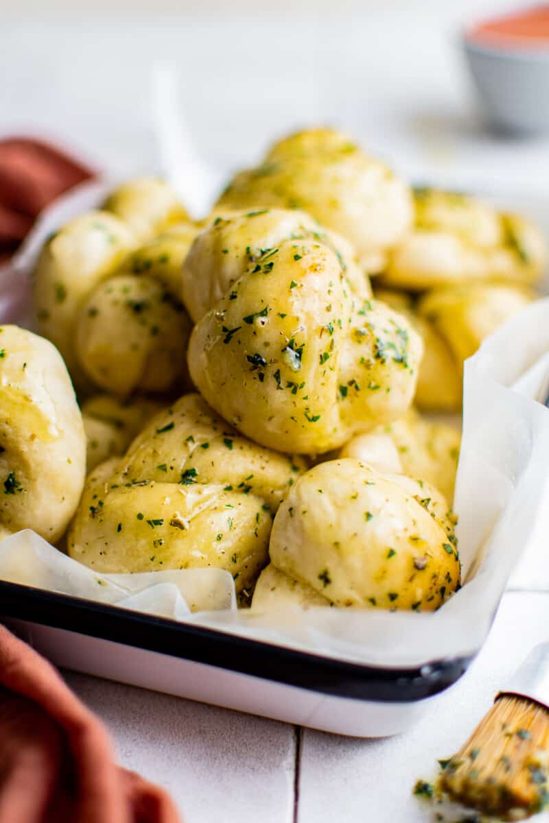 homemade garlic knots in serving dish