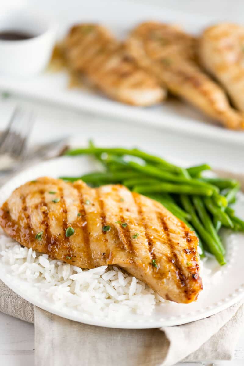 grilled teriyaki chicken with green beans and white rice