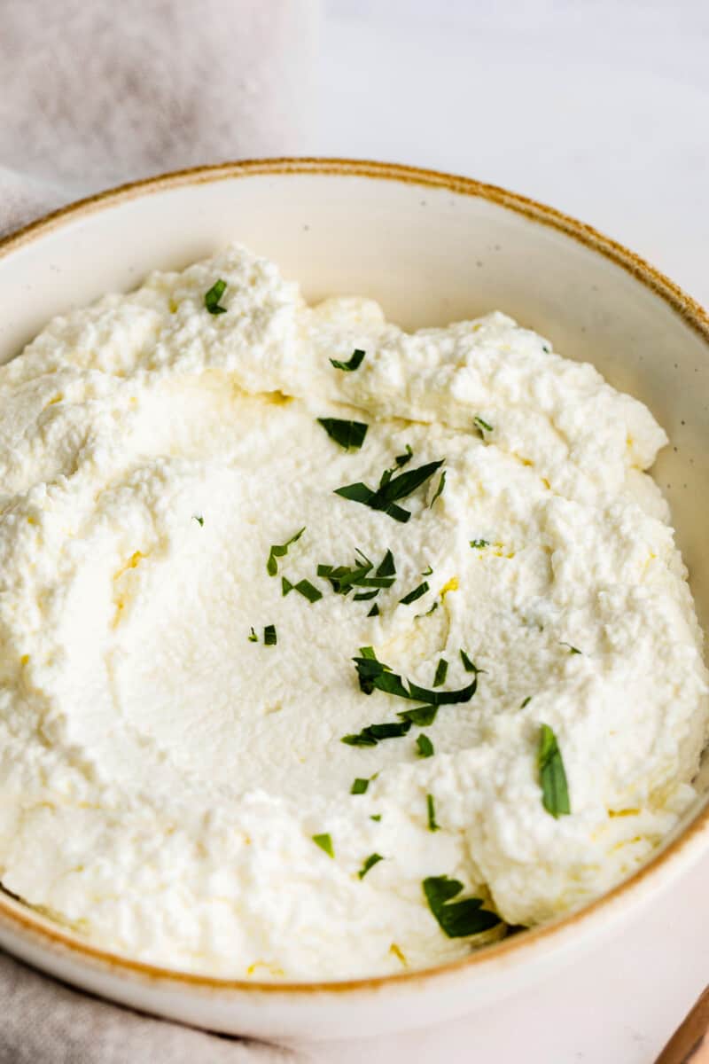 up close homemade ricotta cheese in bowl