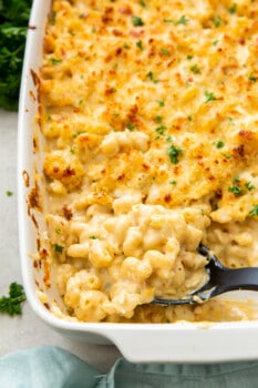 casserole dish with creamy lobster mac and cheese