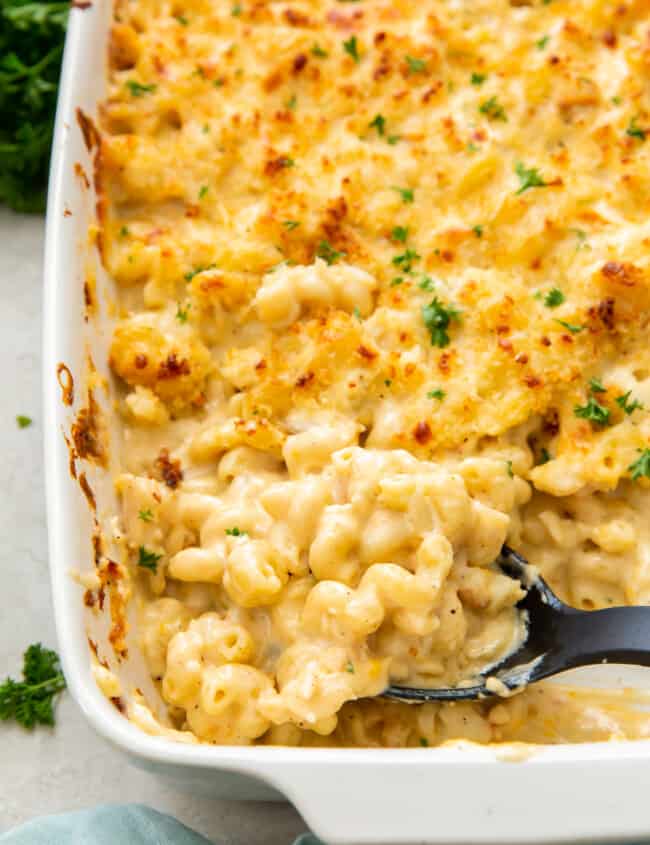 casserole dish with creamy lobster mac and cheese