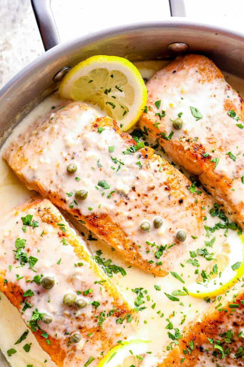 creamy salmon piccata in skillet