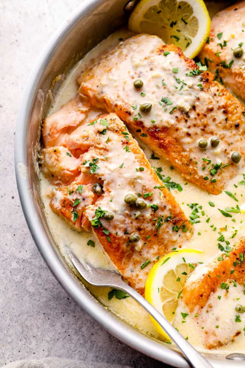 creamy salmon piccata in skillet