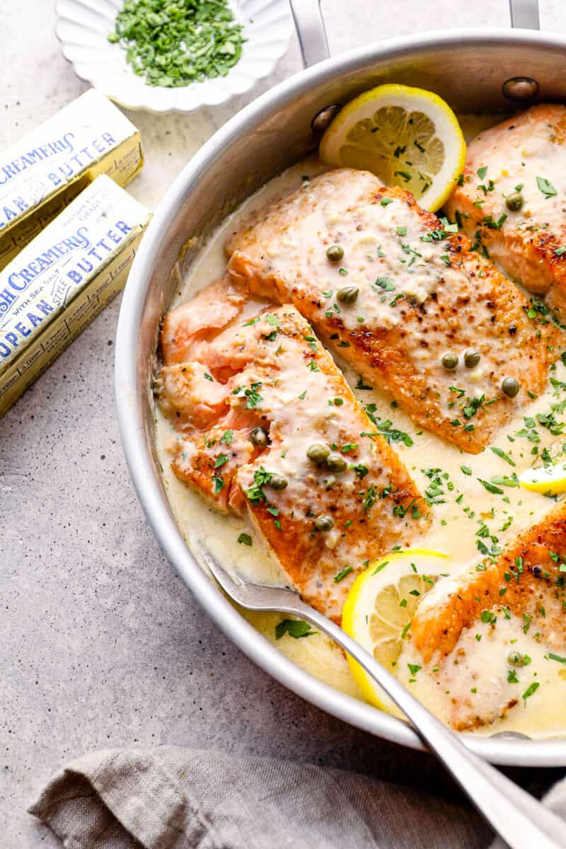 creamy salmon piccata in skillet