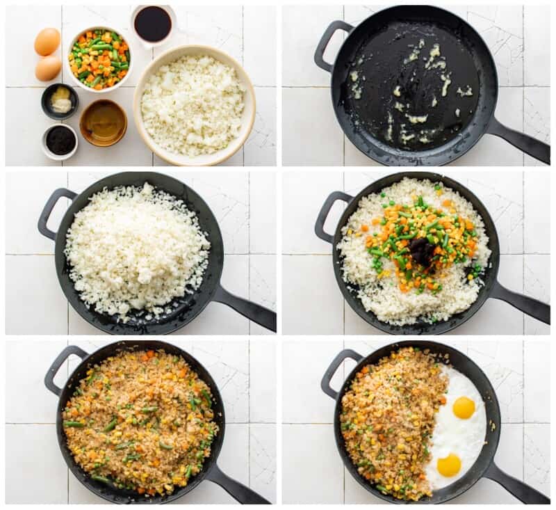 step by step photos for how to make cauliflower fried rice.