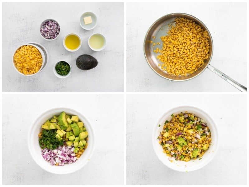 step by step photos for how to make corn and avocado salsa.