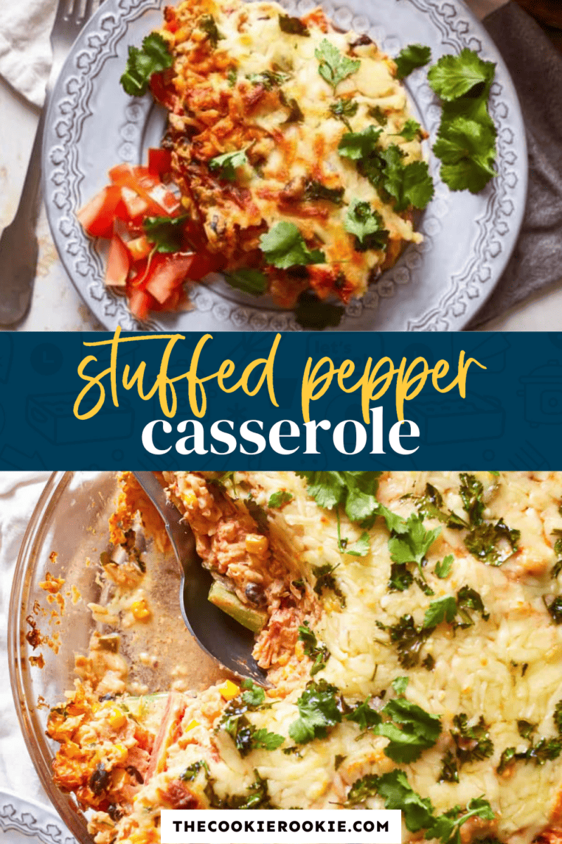 Stuffed pepper casserole on a plate with enchilada casserole.