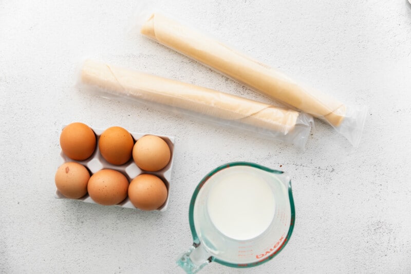 overhead view of ingredients for mini quiches.