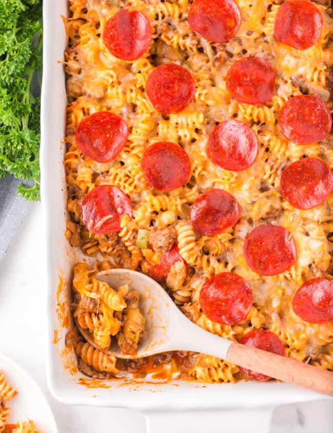 pizza casserole in a white dish