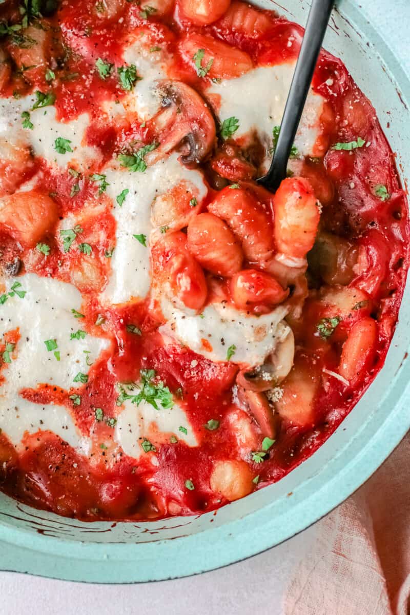 cheesy baked gnocchi in baking dish