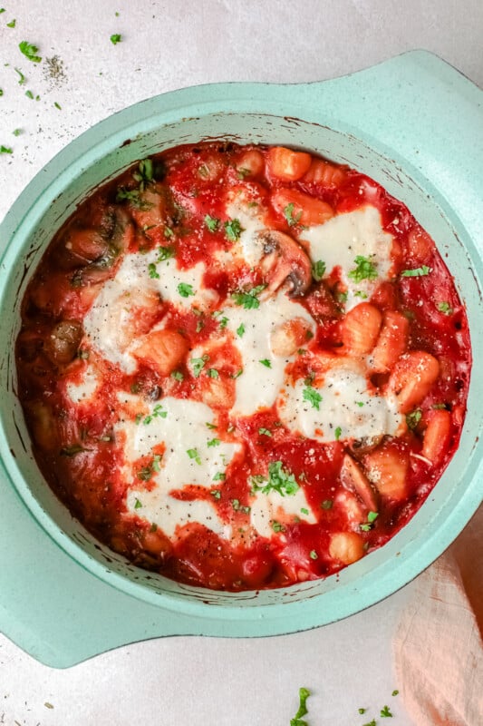 casserole dish with cheesy baked gnocchi