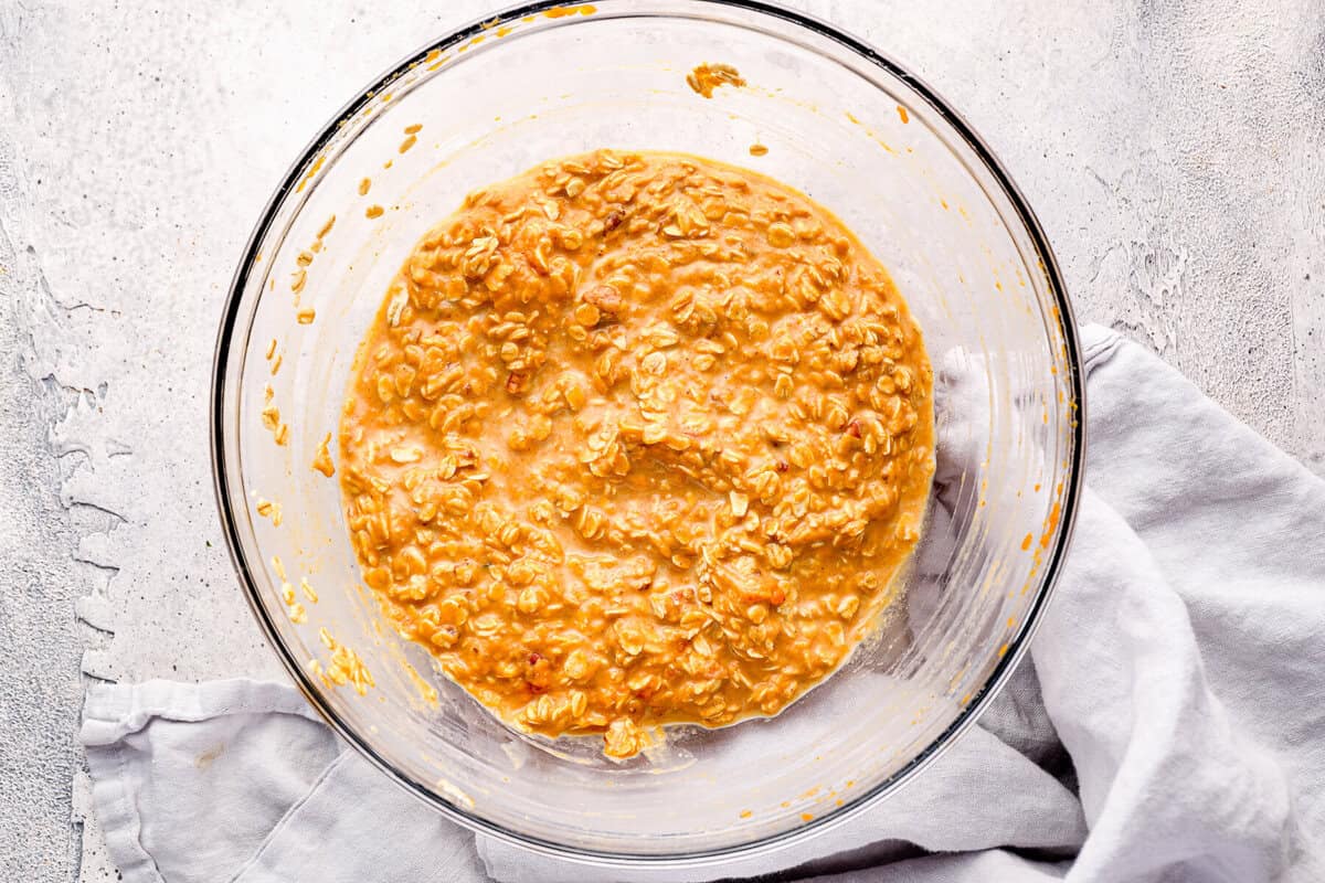 pumpkin oatmeal mixture in a glass bowl.