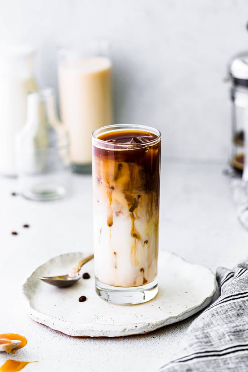 iced caramel macchiato in tall glass