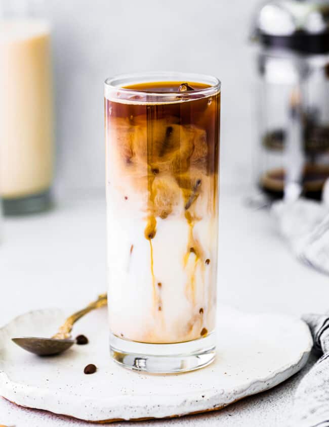 iced caramel macchiato in tall glass