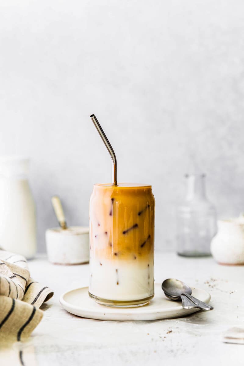 iced chai tea latte in glass cup