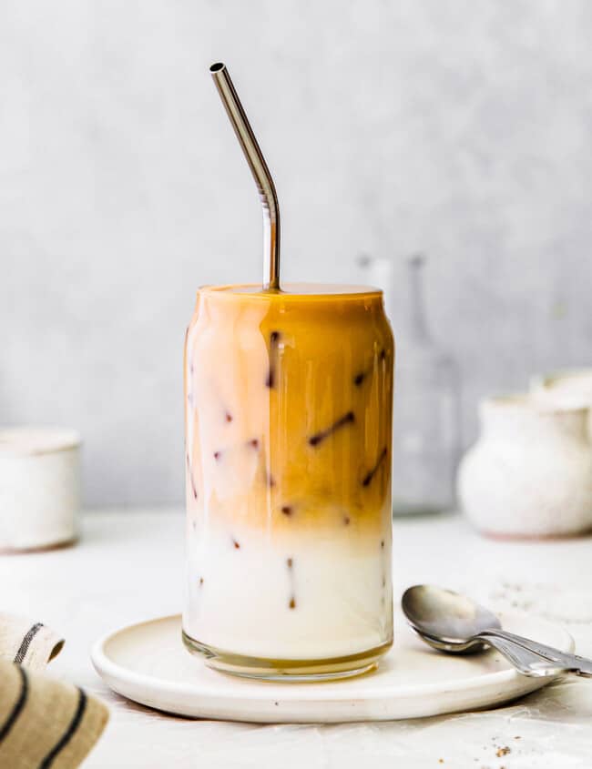 up close iced chai tea latte in glass cup