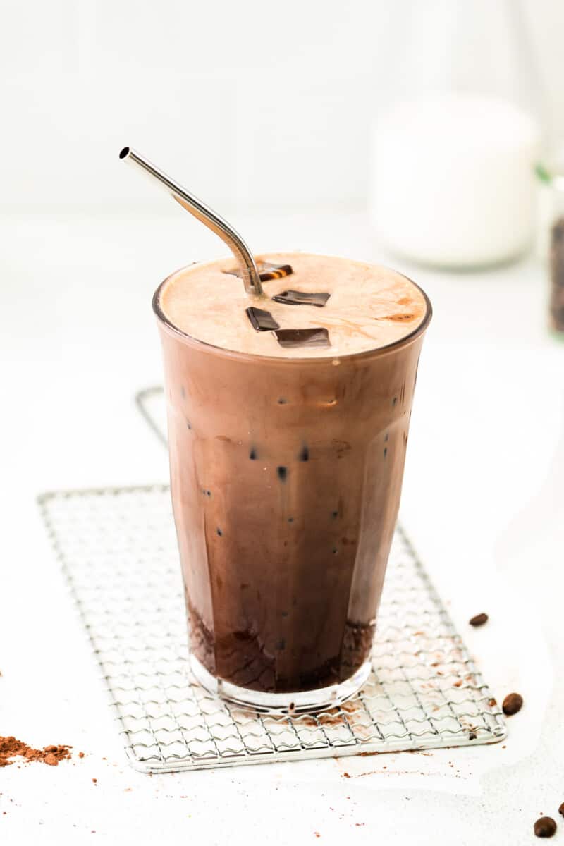 iced mocha in tall glass with ice