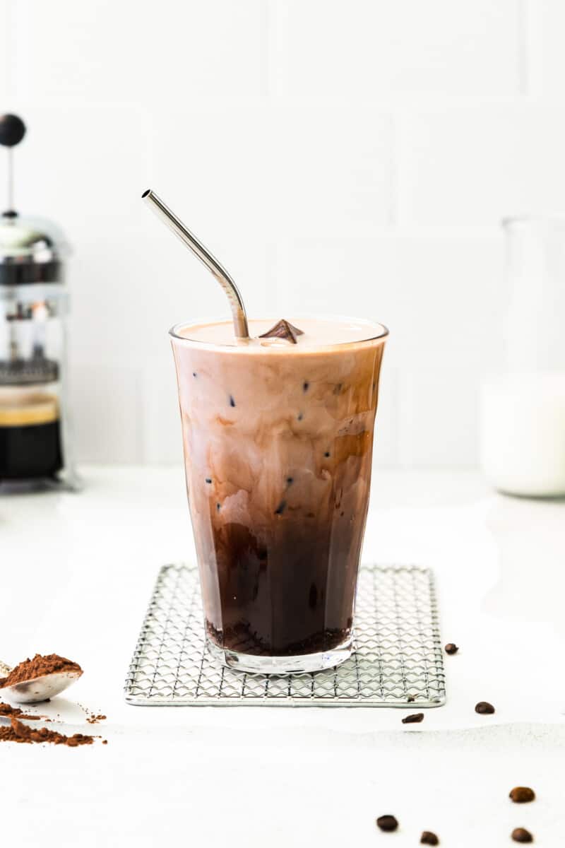 iced mocha in tall glass with ice