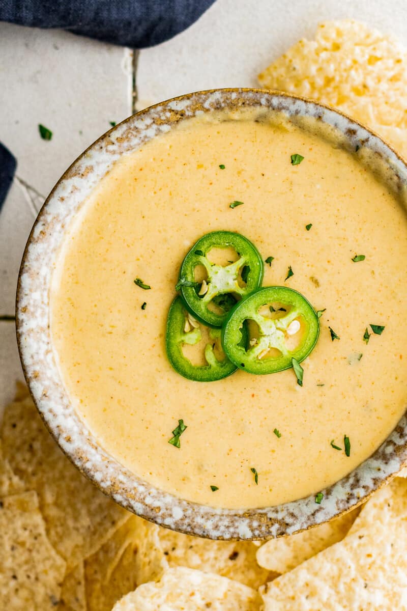 up close bowl of instant pot queso blanco with jalapenos