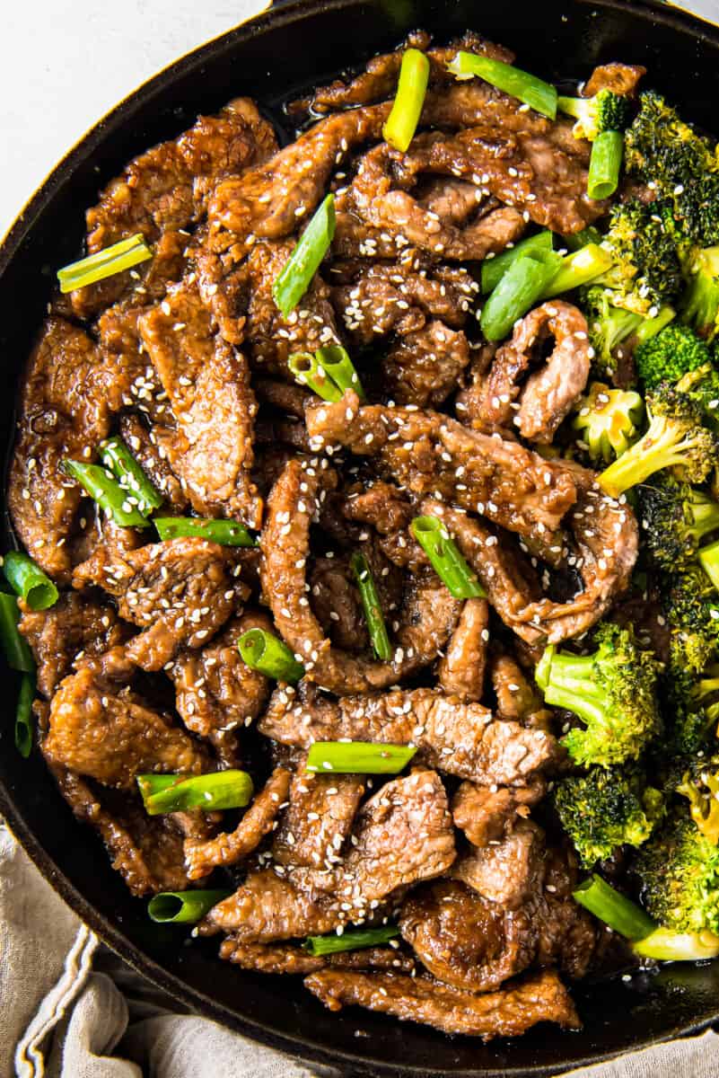 up close skillet with Mongolian beef and broccoli