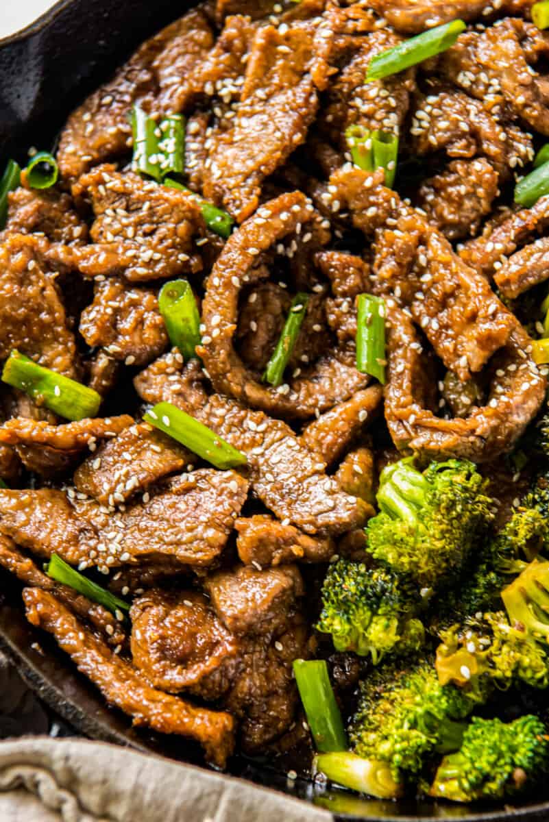 up close skillet with Mongolian beef and broccoli