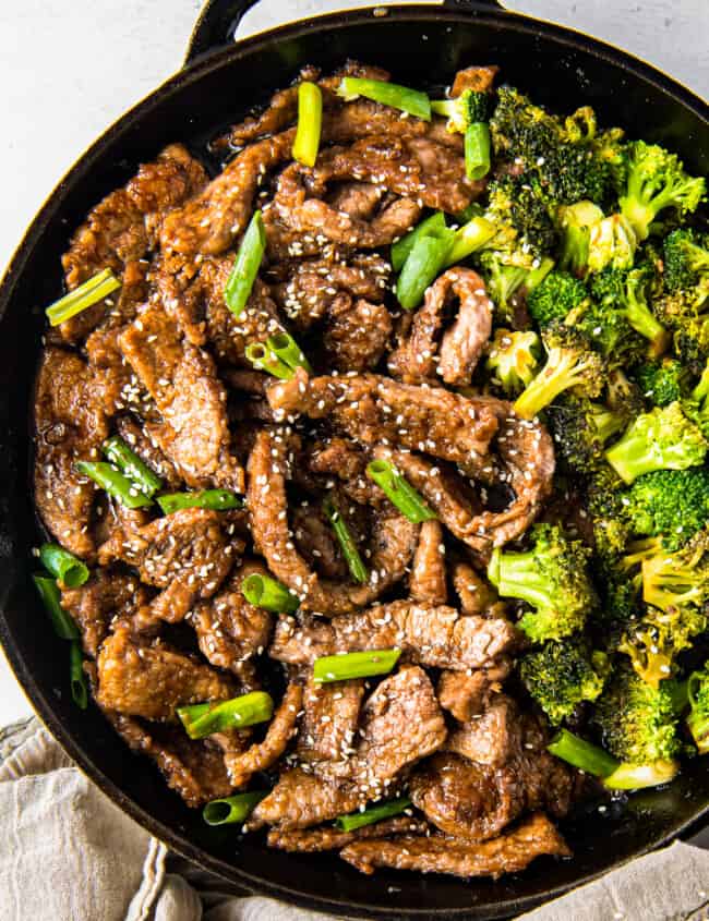 up close skillet with Mongolian beef and broccoli