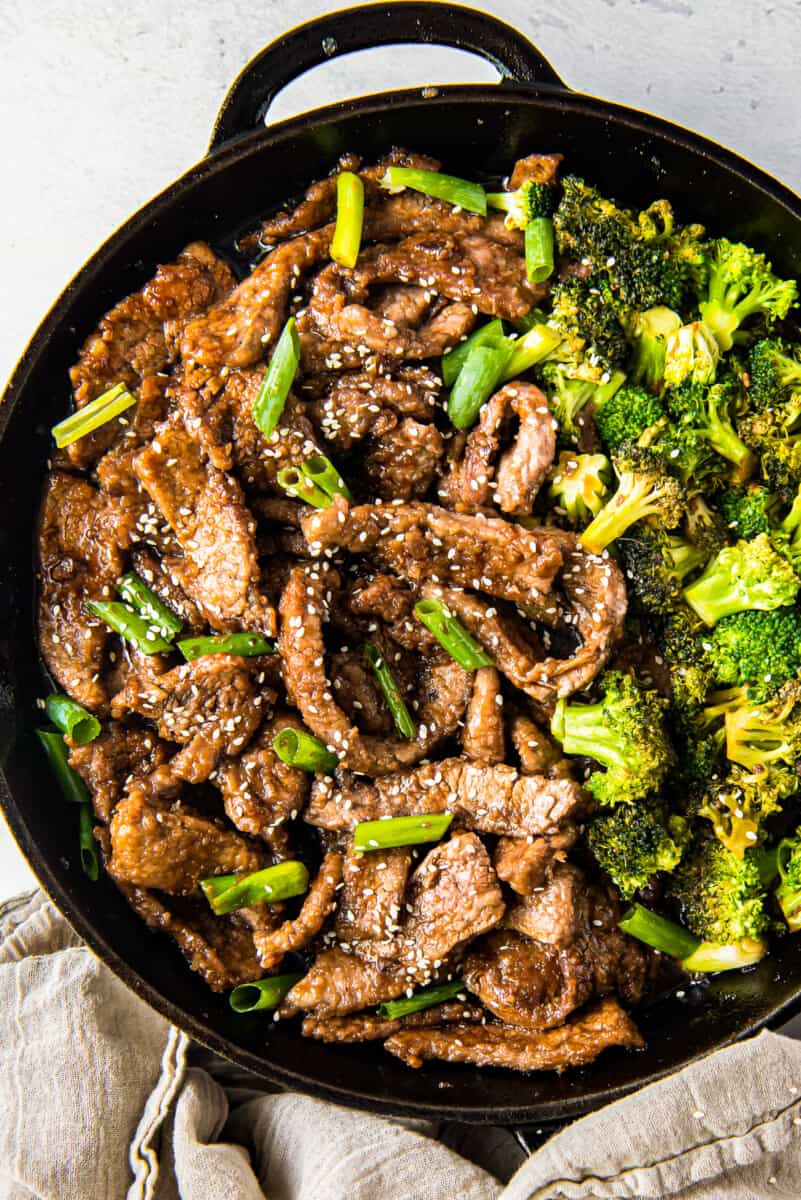up close skillet with Mongolian beef and broccoli